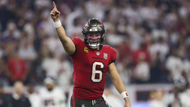 HOUSTON, TEXAS - SEPTEMBER 15: Baker Mayfield #6 of the Tampa Bay Buccaneers celebrates a touchdown during the second half of an NFL football game against Houston Texans at NRG Stadium on September 15, 2025 in Houston, Texas.