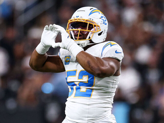 LAS VEGAS, NEVADA - SEPTEMBER 15: Khalil Mack #52 of the Los Angeles Chargers reacts after a sack during the first quarter against the Las Vegas Raiders at Allegiant Stadium on September 15, 2025 in Las Vegas, Nevada.