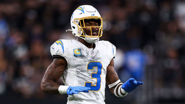LAS VEGAS, NEVADA - SEPTEMBER 15: Derwin James Jr. #3 of the Los Angeles Chargers reacts during the fourth quarter against the Las Vegas Raiders at Allegiant Stadium on September 15, 2025 in Las Vegas, Nevada.