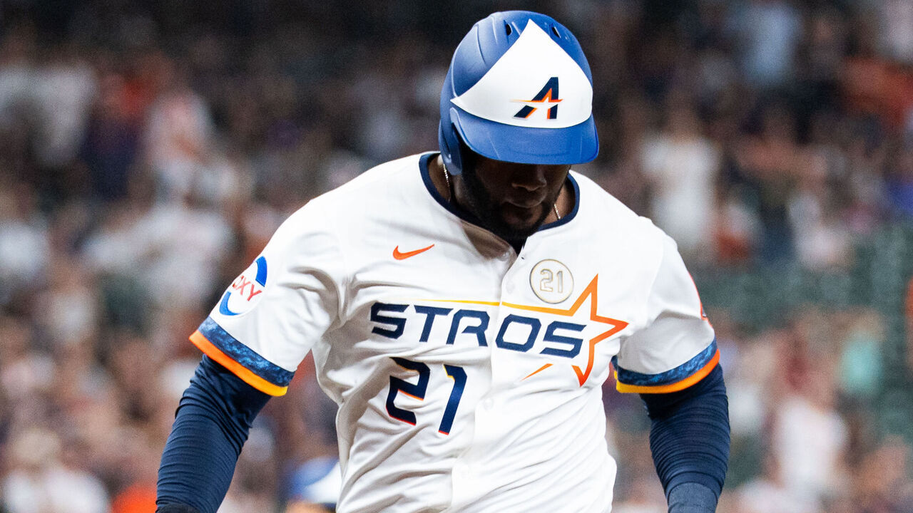 HOUSTON, TEXAS - SEPTEMBER 15: Yordan Alvarez #44 of the Houston Astros scores in the first inning against the Texas Rangers at Daikin Park on September 15, 2025 in Houston, Texas.