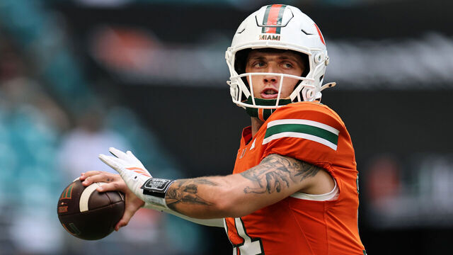 MIAMI GARDENS, FLORIDA - SEPTEMBER 13: Carson Beck #11 of the Miami Hurricanes warms up prior to facing the South Florida Bulls at Hard Rock Stadium on September 13, 2025 in Miami Gardens, Florida.