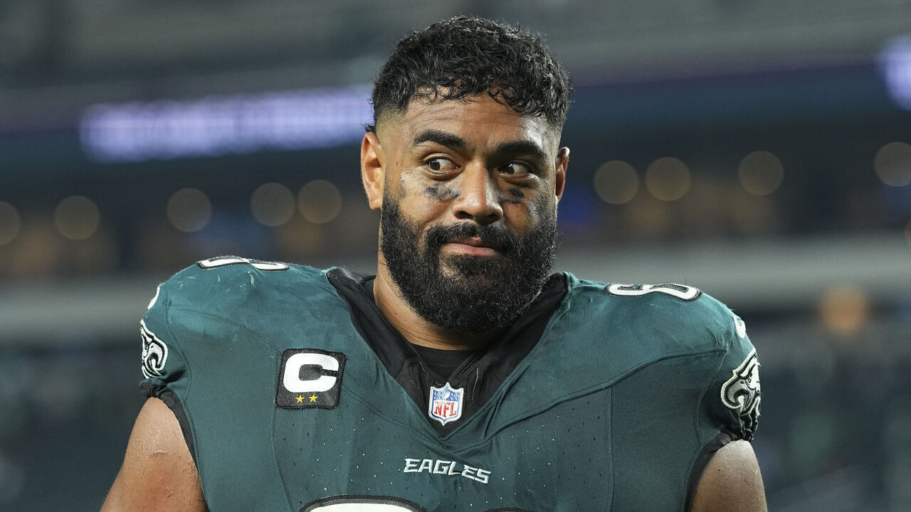 PHILADELPHIA, PENNSYLVANIA - SEPTEMBER 04: Jordan Mailata #68 of the Philadelphia Eagles looks on after the game against the Dallas Cowboys at Lincoln Financial Field on September 04, 2025 in Philadelphia, Pennsylvania.