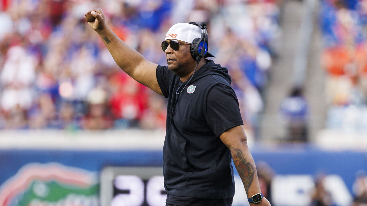 JACKSONVILLE, FLORIDA - NOVEMBER 02: Running Backs coach Jabbar Juluke of the Florida Gators reacts during the first half of a game against the Georgia Bulldogs at EverBank Stadium on November 02, 2024 in Jacksonville, Florida.