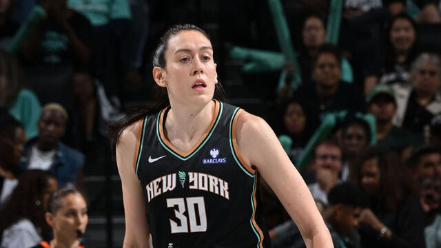 BROOKLYN, NY - SEPTEMBER 9: Breanna Stewart #30 of the New York Liberty looks on during the game Washington Mystics on September 9, 2025 at Barclays Center in Brooklyn, New York. Mandatory Copyright Notice: Copyright 2025 NBAE
