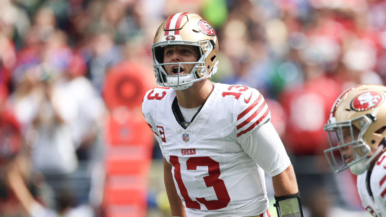 SEATTLE, WASHINGTON - SEPTEMBER 07: Brock Purdy #13 of the San Francisco 49ers calls out during the first half of the NFL 2025 game between San Francisco 49ers and Seattle Seahawks at Lumen Field on September 07, 2025 in Seattle, Washington.