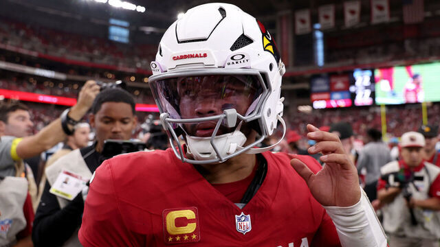 GLENDALE, ARIZONA - SEPTEMBER 14: Kyler Murray #1 of the Arizona Cardinals looks on following the game against the Carolina Panthers at State Farm Stadium on September 14, 2025 in Glendale, Arizona.