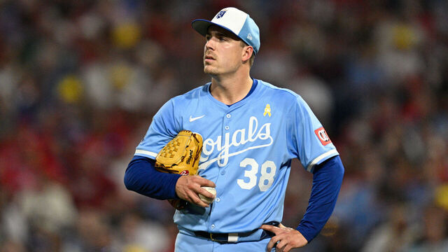 PHILADELPHIA, PA - SEPTEMBER 13: Kansas City Royals pitcher Ryan Bergert (38) looks on during the game between the Philadelphia Phillies and the Kansas City Royals on September 13th, 2025 at Citizens Bank Park in Philadelphia, PA.