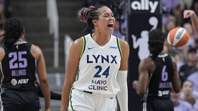 SAN JOSE, CA - SEPTEMBER 17: Napheesa Collier #24 of the Minnesota Lynx celebrates during the game against the Golden State Valkyries during Game Two Round One of the 2025 WNBA Playoffs on September 17, 2025 at SAP Center in San Jose, California. NOTE TO USER: User expressly acknowledges and agrees that, by downloading and or using this photograph, user is consenting to the terms and conditions of Getty Images License Agreement. Mandatory Copyright Notice: Copyright 2025 NBAE