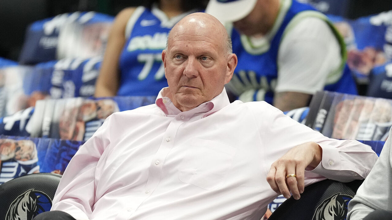 DALLAS, TX - MAY 3: Steve Balmer looks on before the game between the LA Clippers and the Dallas Mavericks during Round 1 Game 6 of the 2024 NBA Playoffs on May 3, 2024 at the American Airlines Center in Dallas, Texas. Mandatory Copyright Notice: Copyright 2024 NBAE