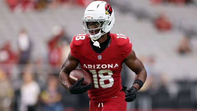 GLENDALE, ARIZONA - SEPTEMBER 14: Wide receiver Marvin Harrison Jr. #18 of the Arizona Cardinals warms up before the game against the Carolina Panthers at State Farm Stadium on September 14, 2025 in Glendale, Arizona. The Cardinals defeated the Panthers 27-22.