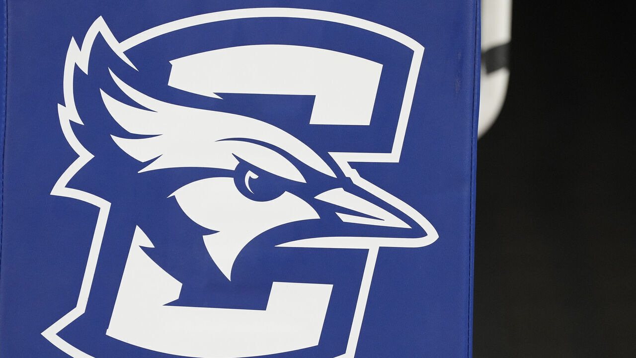 OMAHA, NE - DECEMBER 16: The Creighton Bluejays logo on basketball pad before a college basketball game against the Alabama Crimson Tide at the CHI Health Center on December 16, 2023 in Omaha, Nebraska.