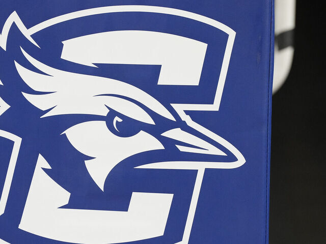 OMAHA, NE - DECEMBER 16: The Creighton Bluejays logo on basketball pad before a college basketball game against the Alabama Crimson Tide at the CHI Health Center on December 16, 2023 in Omaha, Nebraska.