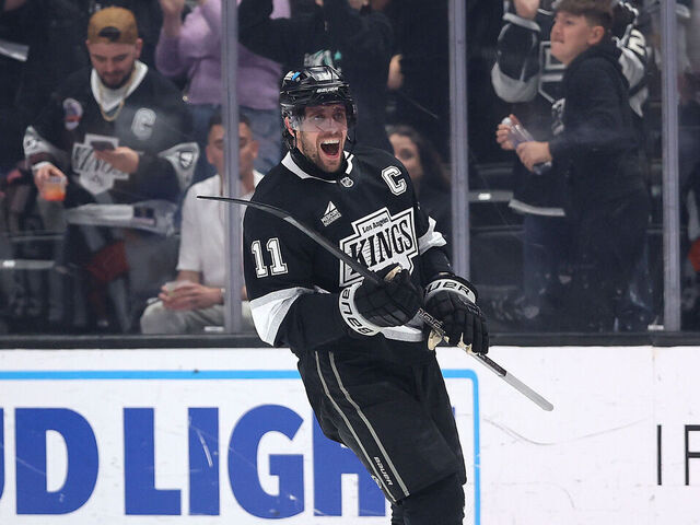 LOS ANGELES, CALIFORNIA - MARCH 08: Anze Kopitar #11 of the Los Angeles Kings celebrates after scoring a goal against the St. Louis Blues during the first period at Crypto.com Arena on March 08, 2025 in Los Angeles, California.