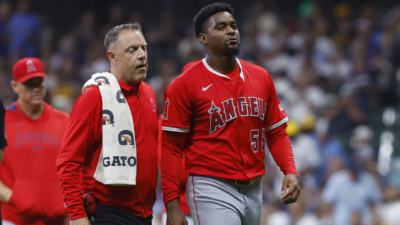 MILWAUKEE, WI - SEPTEMBER 17: Los Angeles Angels pitcher José Soriano (59) is removed from the game after being hit by a Milwaukee Brewers outfielder Jake Bauers (9) line drive during a game between the Milwaukee Brewers and the Los Angeles Angels at American Family Field on September 17, 2025 in Milwaukee, WI.