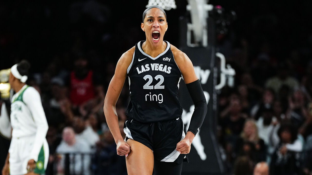 LAS VEGAS, NV - SEPTEMBER 18: A'ja Wilson #22 of the Las Vegas Aces celebrates during the game against the Seattle Storm on September 18, 2025 at Michelob ULTRA Arena n Las Vegas, Nevada. Mandatory Copyright Notice: Copyright 2025 NBAE