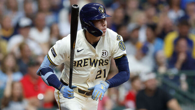 MILWAUKEE, WISCONSIN - SEPTEMBER 16: Christian Yelich #22 of the Milwaukee Brewers up to bat during the game against the Los Angeles Angels at American Family Field on September 16, 2025 in Milwaukee, Wisconsin. Some players are wearing #21 for Roberto Clemente Day.