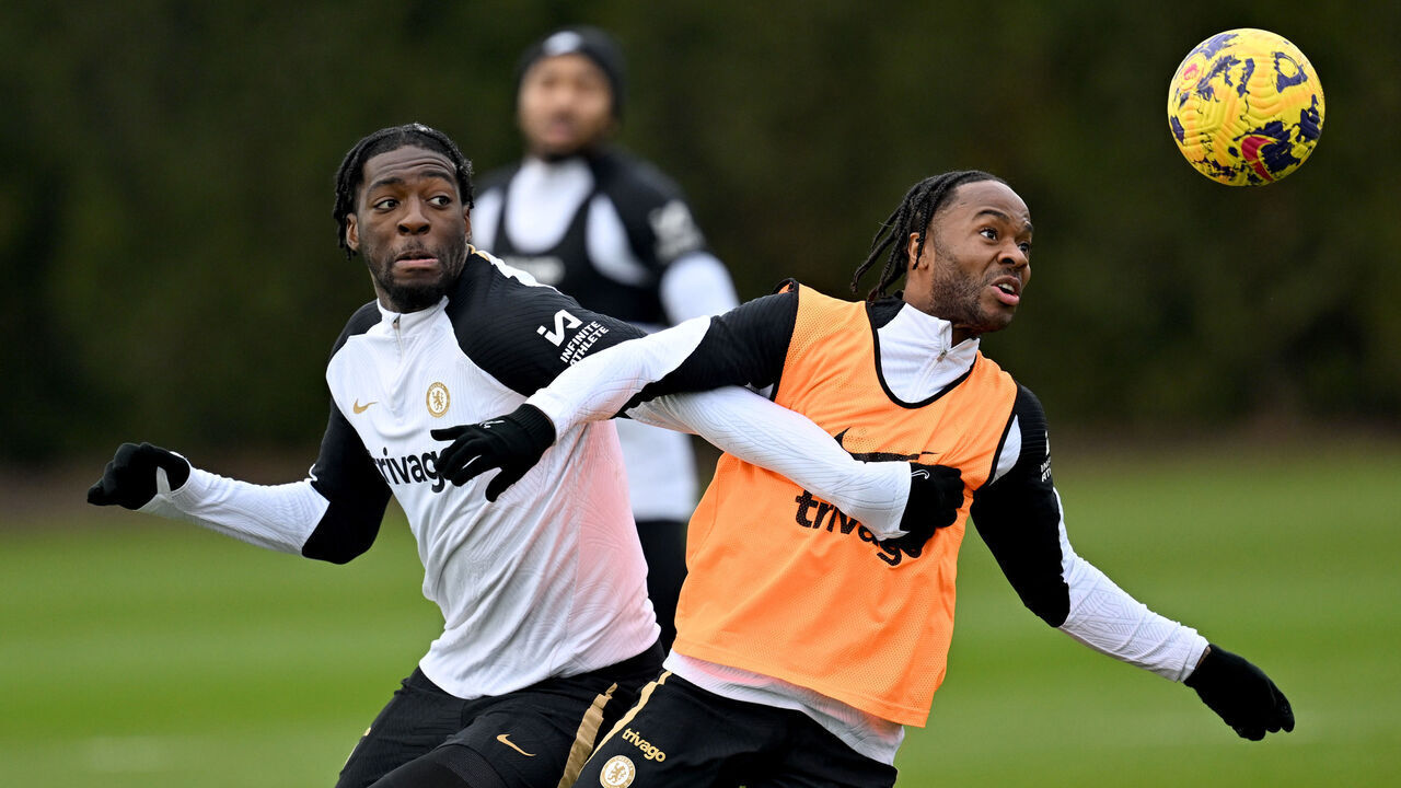 COBHAM, ENGLAND - JANUARY 29: Axel Disasi and Raheem Sterling of Chelsea during a open training session at Chelsea Training Ground on January 29, 2024 in Cobham, England.
