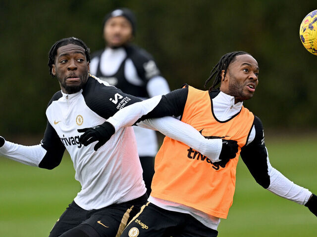 COBHAM, ENGLAND - JANUARY 29: Axel Disasi and Raheem Sterling of Chelsea during a open training session at Chelsea Training Ground on January 29, 2024 in Cobham, England.