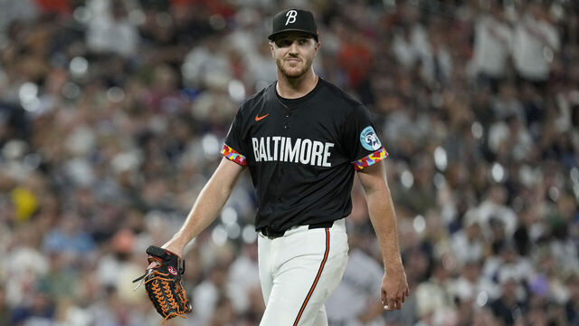 BALTIMORE, MARYLAND - SEPTEMBER 19: Trevor Rogers #28 of the Baltimore Orioles walks to the dugout after striking out Austin Slater #29 of the New York Yankees during the second inning at Oriole Park at Camden Yards on September 19, 2025 in Baltimore, Maryland.