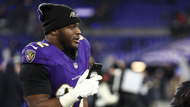 BALTIMORE, MARYLAND - JANUARY 11: Nnamdi Madubuike #92 of the Baltimore Ravens celebrates after an NFL football wild card playoff game against the Pittsburgh Steelers at M&T Bank Stadium on January 11, 2025 in Baltimore, Maryland.