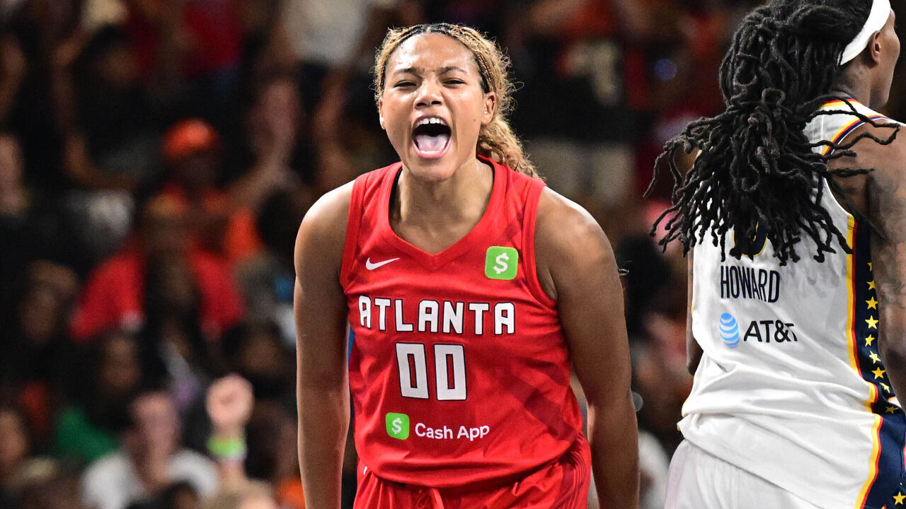 ATLANTA, GA - SEPTEMBER 18: Naz Hillmon #00 of the Atlanta Dream celebrates during the game against the Indiana Fever during Game Three Round One of the 2025 WNBA Playoffs on September 18, 2025 at Gateway Center Arena at College Park in Atlanta, Georgia. Mandatory Copyright Notice: Copyright 2025 NBAE