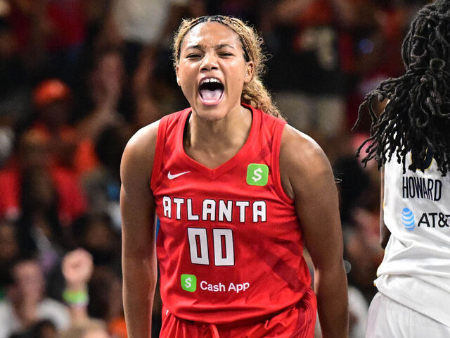ATLANTA, GA - SEPTEMBER 18: Naz Hillmon #00 of the Atlanta Dream celebrates during the game against the Indiana Fever during Game Three Round One of the 2025 WNBA Playoffs on September 18, 2025 at Gateway Center Arena at College Park in Atlanta, Georgia. Mandatory Copyright Notice: Copyright 2025 NBAE