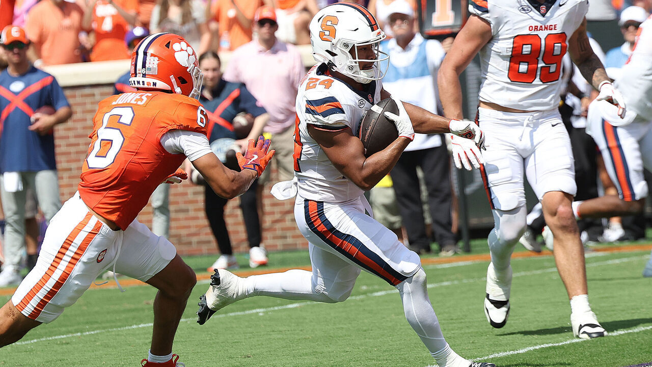 CLEMSON, SC - SEPTEMBER 20: Syracuse Orange running back Will Nixon (24) crosses the goal line to score a touchdown during a college football game between the Syracuse Orange and the Clemson Tigers on September 20, 2025 at Clemson Memorial Stadium in Clemson, S.C.