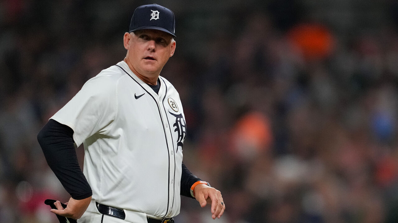 DETROIT, MI - SEPTEMBER 16: Manager A.J. Hinch #14 of the Detroit Tigers looks on during the game between the Cleveland Guardians and the Detroit Tigers at Comerica Park on Tuesday, September 16, 2025 in Detroit, Michigan.
