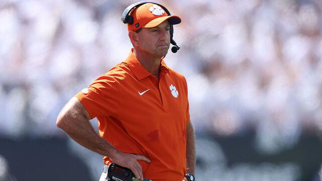 ATLANTA, GEORGIA - SEPTEMBER 13: Head coach Dabo Swinney of the Clemson Tigers looks on during the first quarter of the game between the Clemson Tigers and Georgia Tech Yellow Jackets at Bobby Dodd Stadium on September 13, 2025 in Atlanta, Georgia.