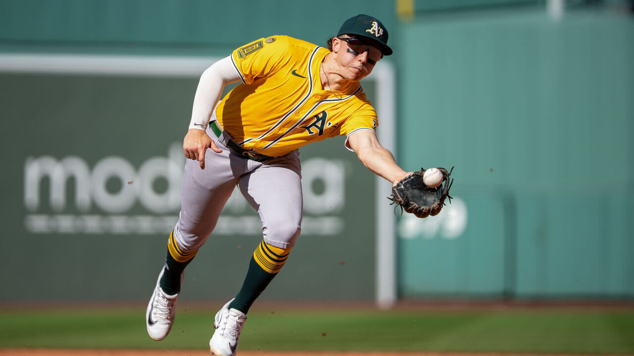 BOSTON, MA - SEPTEMBER 18: Zack Gelof #20 of the Athletics catches the ball during the game between the Athletics and the Boston Red Sox at Fenway Park on Thursday, September 18, 2025 in Boston, Massachusetts.