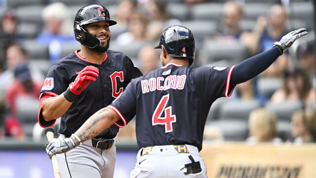 MINNEAPOLIS, MINNESOTA - SEPTEMBER 20: George Valera #35 of the Cleveland Guardians celebrates after hitting a solo home run against the Minnesota Twins in the second inning of game one of a doubleheader at Target Field on September 20, 2025 in Minneapolis, Minnesota.