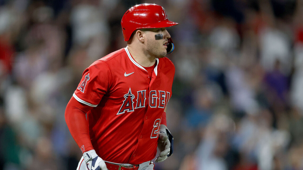 DENVER, COLORADO - SEPTEMBER 20: Mike Trout #27 of the Los Angeles Angels circles the bases after hitting his 400th career home run against the Colorado Rockies in the eighth inning at Coors Field on September 20, 2025 in Denver, Colorado.