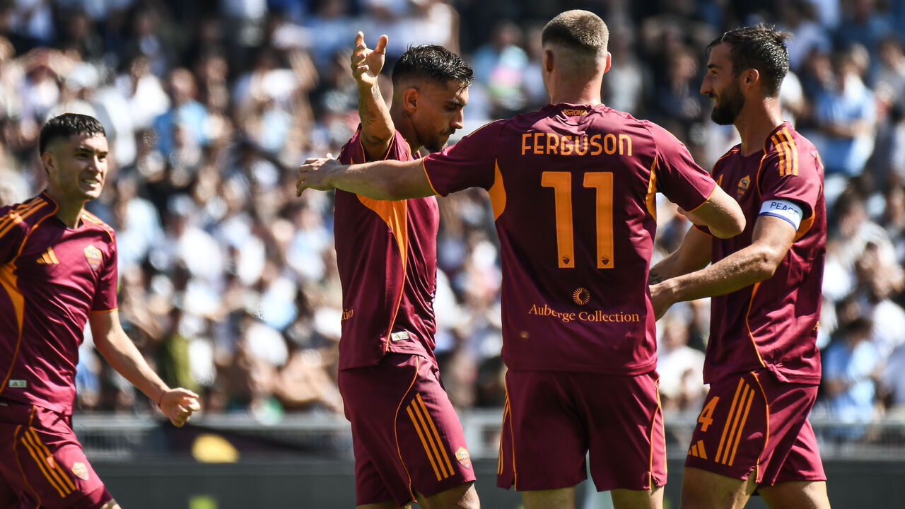 ROME, ITALY - SEPTEMBER 21: of AS Roma celebrates after scoring a goal to make it 0-1 during the Serie A match between SS Lazio and AS Roma at Stadio Olimpico on September 21, 2025 in Rome, Italy.