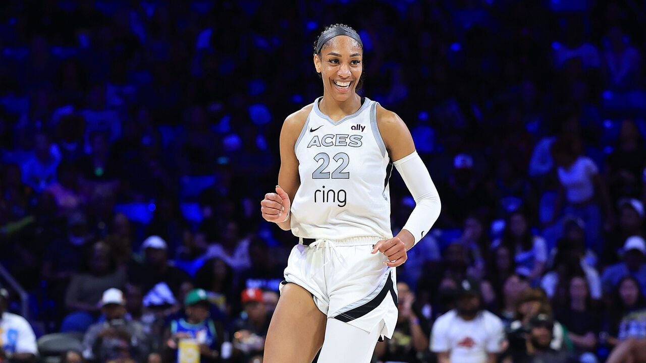 ARLINGTON, TEXAS - JULY 16: A'ja Wilson #22 of the Las Vegas Aces reacts to a score during the second half of a game against the Dallas Wings at College Park Center on July 16, 2025 in Arlington, Texas.