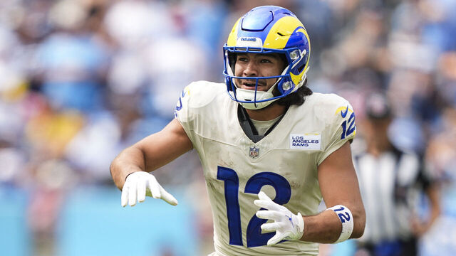 NASHVILLE, TENNESSEE - SEPTEMBER 14: Puka Nacua #12 of the Los Angeles Rams runs a route during an NFL football game against the Tennessee Titans at Nissan Stadium on September 14, 2025 in Nashville, Tennessee.