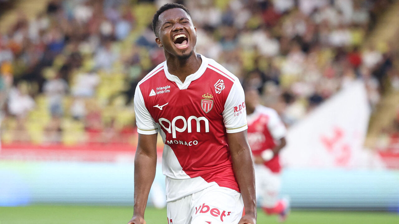 Monaco's Spanish forward #31 Ansu Fati celebrates after scoring Monaco's fourth goal during the French L1 football match between AS Monaco and FC Metz at the Louis II Stadium (Stade Louis II) in the Principality of Monaco, on September 21, 2025.