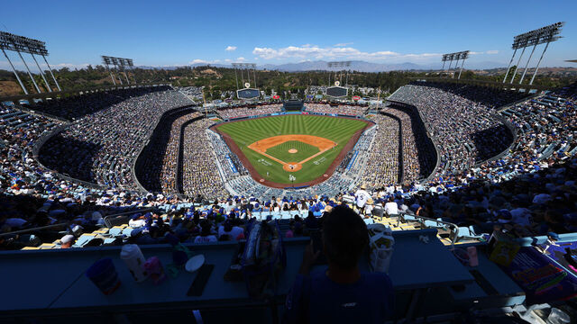 LOS ANGELES, CALIFORNIA - AUGUST 31: A general view of Dodger Stadium during the game between the Los Angeles Dodgers and the Arizona Diamondbacks at Dodger Stadium on August 31, 2025 in Los Angeles, California.