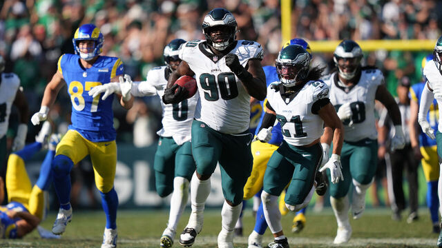 PHILADELPHIA, PA - SEPTEMBER 21: Philadelphia Eagles defensive lineman Jordan Davis (90) returns a blocked kick for a touchdown in the second half during the game between the Los Angeles Rams and Philadelphia Eagles on September 21, 2025 at Lincoln Financial Field in Philadelphia, PA.