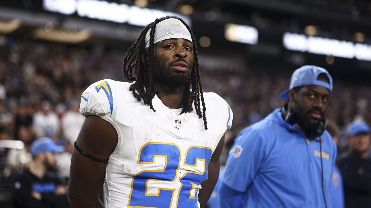 LAS VEGAS, NEVADA - SEPTEMBER 15: Najee Harris #22 of the Los Angeles Chargers stands on the sideline during the national anthem prior to an NFL football game against the Las Vegas Raiders at Allegiant Stadium on September 15, 2025 in Las Vegas, Nevada.