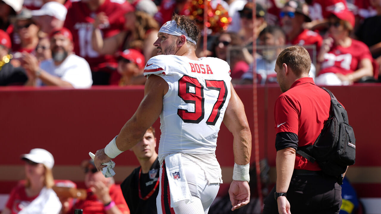 SANTA CLARA, CALIFORNIA - SEPTEMBER 21: Nick Bosa #97 of the San Francisco 49ers walks to the locker room during the second quarter against the Arizona Cardinals at Levi's Stadium on September 21, 2025 in Santa Clara, California.
