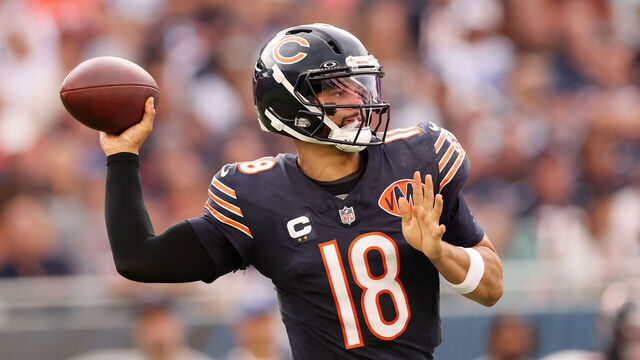 CHICAGO, ILLINOIS - SEPTEMBER 21: Caleb Williams #18 of the Chicago Bears passes the ball against the Dallas Cowboys during the third quarter at Soldier Field on September 21, 2025 in Chicago, Illinois.