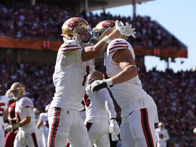 SANTA CLARA, CALIFORNIA - SEPTEMBER 21: Kyle Juszczyk #44 of the San Francisco 49ers celebrates after a touchdown against the Arizona Cardinals with teammate Ricky Pearsall #1 during the fourth quarter at Levi's Stadium on September 21, 2025 in Santa Clara, California.