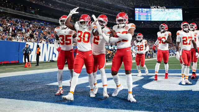 EAST RUTHERFORD, NEW JERSEY - SEPTEMBER 21: Christian Roland-Wallace #30 of the Kansas City Chiefs celebrates with teammates after an interception during the game against the New York Giants at MetLife Stadium on September 21, 2025.