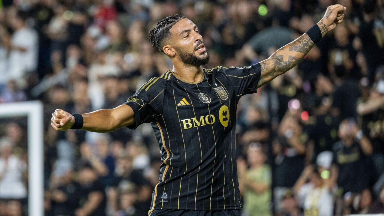LOS ANGELES, CALIFORNIA - SEPTEMBER 21: Denis Bouanga #99 of Los Angeles FC celebrates his goal during the first half of the match against Real Salt Lake at BMO Stadium on September 21, 2025 in Los Angeles, California. Los Angeles FC won the match 4-1