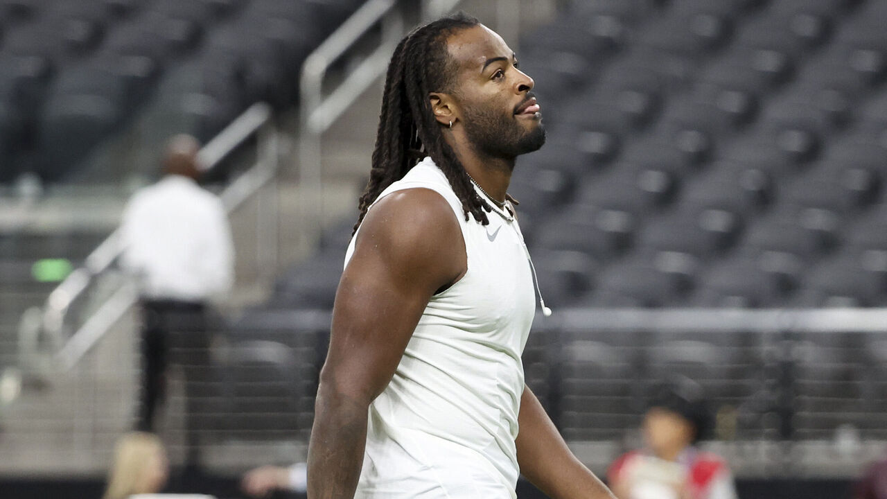 LAS VEGAS, NEVADA - SEPTEMBER 15: Najee Harris #22 of the Los Angeles Chargers looks on before the game against the Las Vegas Raiders during the NFL 2025 game at Allegiant Stadium on September 15, 2025 in Las Vegas, Nevada.
