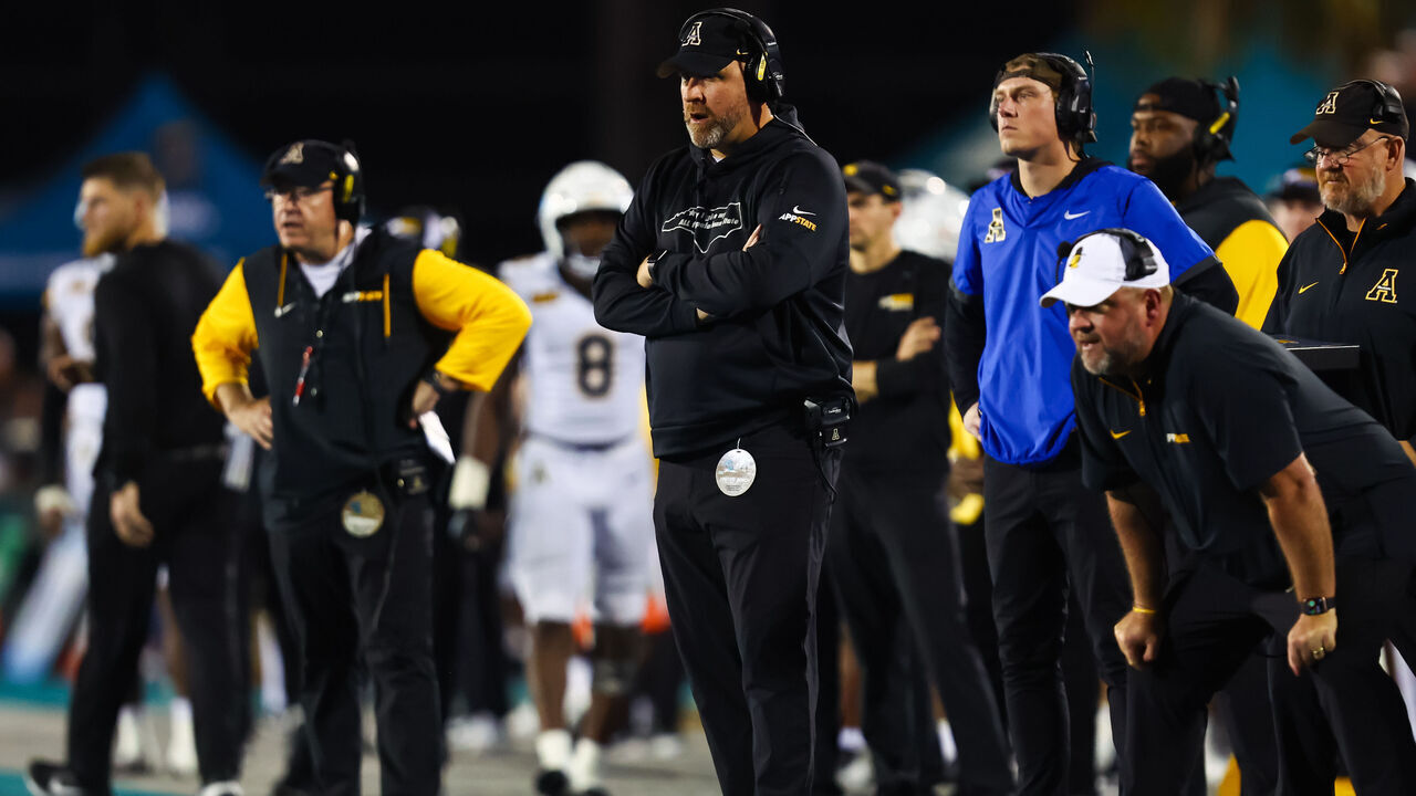 CONWAY, SOUTH CAROLINA - NOVEMBER 07: Head Coach Shawn Clark of the Appalachian State Mountaineers watches the action from the sidelines during the second half of a football game against the Coastal Carolina Chanticleers at Brooks Stadium on November 07, 2024 in Conway, South Carolina.