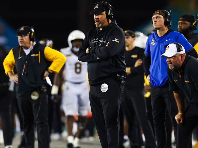 CONWAY, SOUTH CAROLINA - NOVEMBER 07: Head Coach Shawn Clark of the Appalachian State Mountaineers watches the action from the sidelines during the second half of a football game against the Coastal Carolina Chanticleers at Brooks Stadium on November 07, 2024 in Conway, South Carolina.