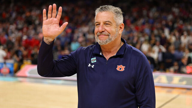 SAN ANTONIO, TEXAS - APRIL 05: head coach Bruce Pearl of the Auburn Tigers is honored during the first half in the Final Four Game of the NCAA Men's Basketball Tournament at Alamodome on April 05, 2025 in San Antonio, Texas.