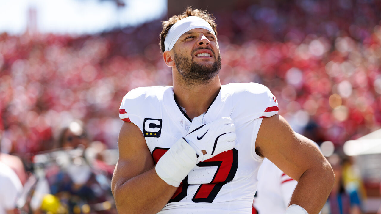 SANTA CLARA, CALIFORNIA - SEPTEMBER 21: Nick Bosa #97 of the San Francisco 49ers stands on the sidelines during the national anthem prior to an NFL football game against the Arizona Cardinals at Levi's Stadium on September 21, 2025 in Santa Clara, California.