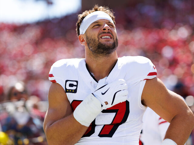 SANTA CLARA, CALIFORNIA - SEPTEMBER 21: Nick Bosa #97 of the San Francisco 49ers stands on the sidelines during the national anthem prior to an NFL football game against the Arizona Cardinals at Levi's Stadium on September 21, 2025 in Santa Clara, California.